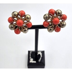 Vintage CORO Earrings Orange Bead Gold Tone Flower Space Age Clip On